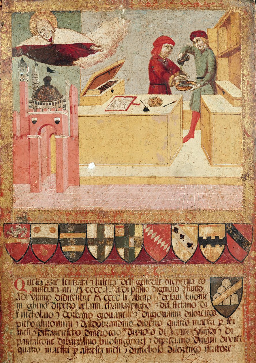 Biccherna mutatja, amint Camerlengo kezet mos, és a Szűz védő Sienát, 1451 alkotó: Sano di Pietro