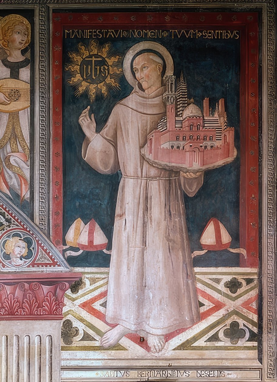 Sienai Szent Bernardin Siena városának makettjével alkotó: Sano di Pietro