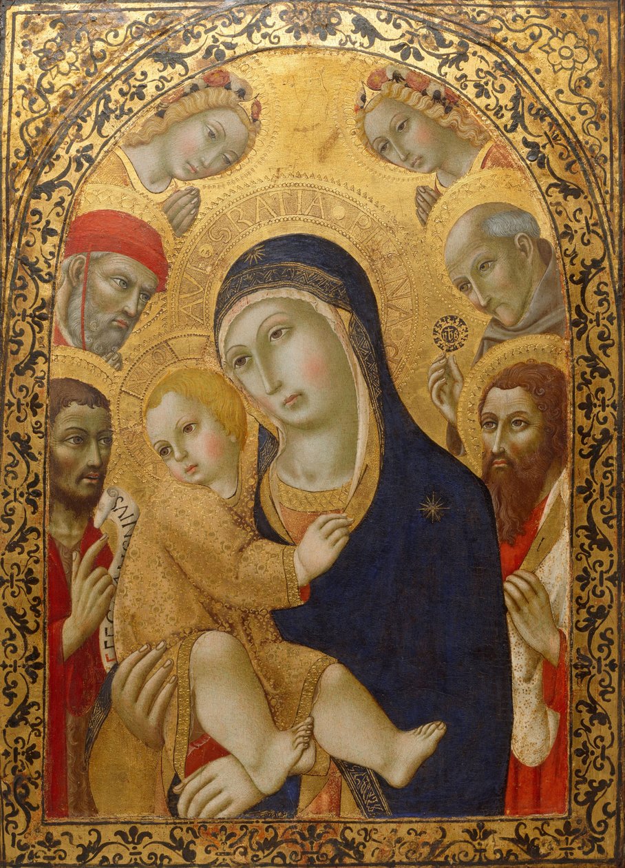 Madonna és gyermeke szentekkel Jeromossal, Keresztelő Jánossal, Bernardinóval és Bartholomew-szal, kb. 1450-1475 alkotó: Sano di Pietro