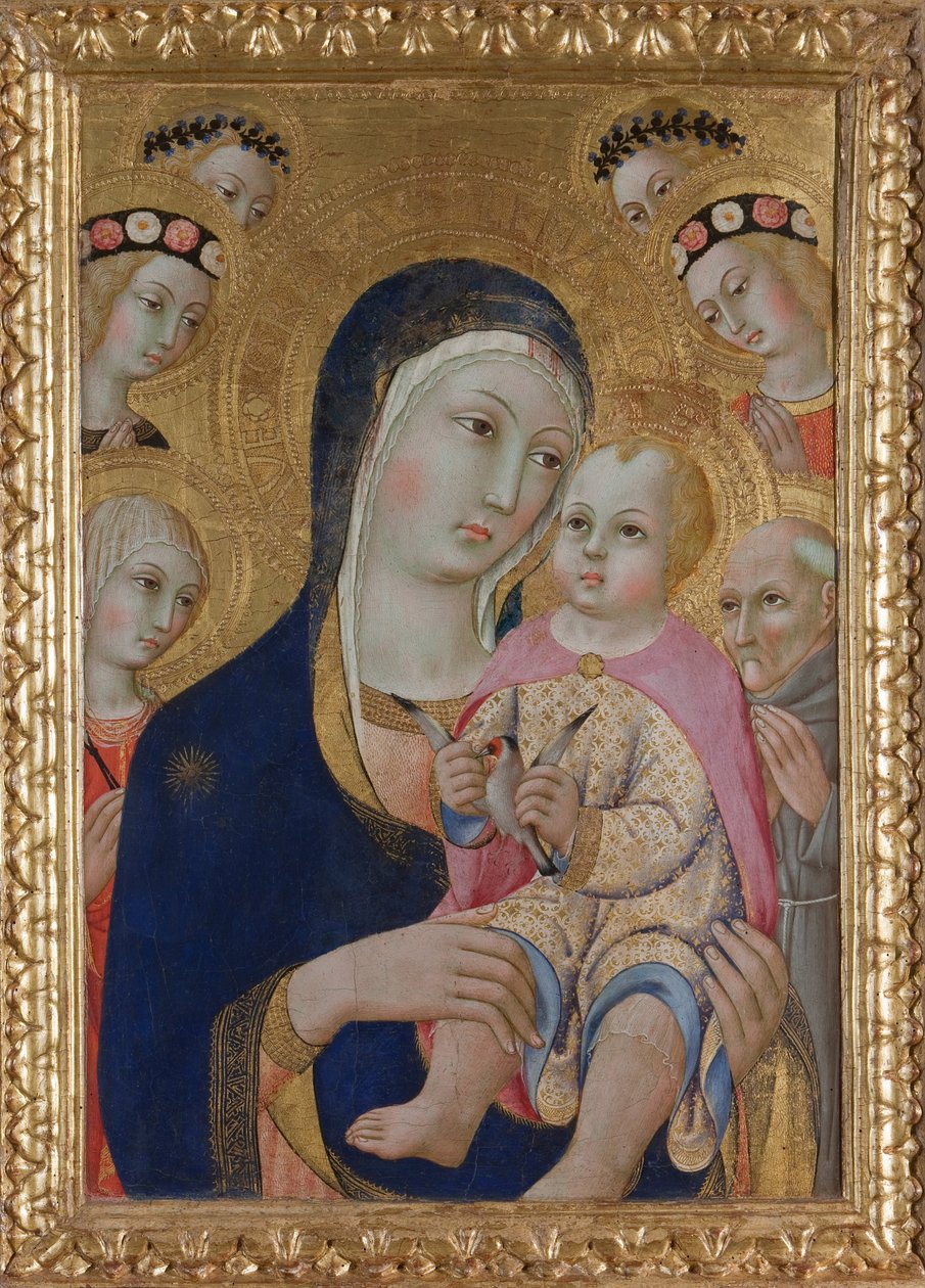 Madonna gyermekével, Apollónia és Bernardino szentekkel és négy angyallal, 1460 körül alkotó: Sano di Pietro