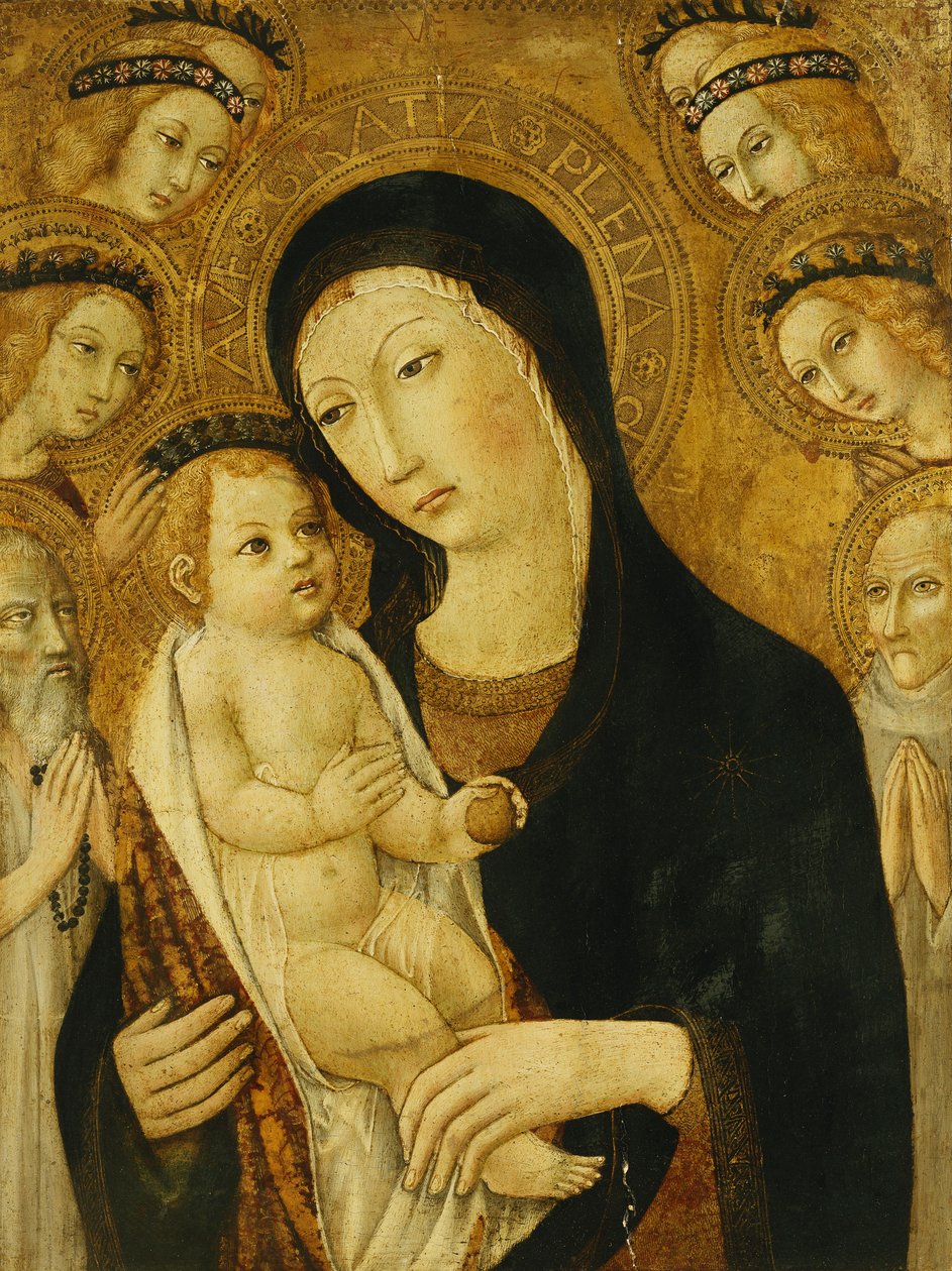 A Madonna és a gyermek, Anthony Abbott és Sienai Bernadino szentekkel, angyaloktól körülvéve, alkotó: Sano di Pietro