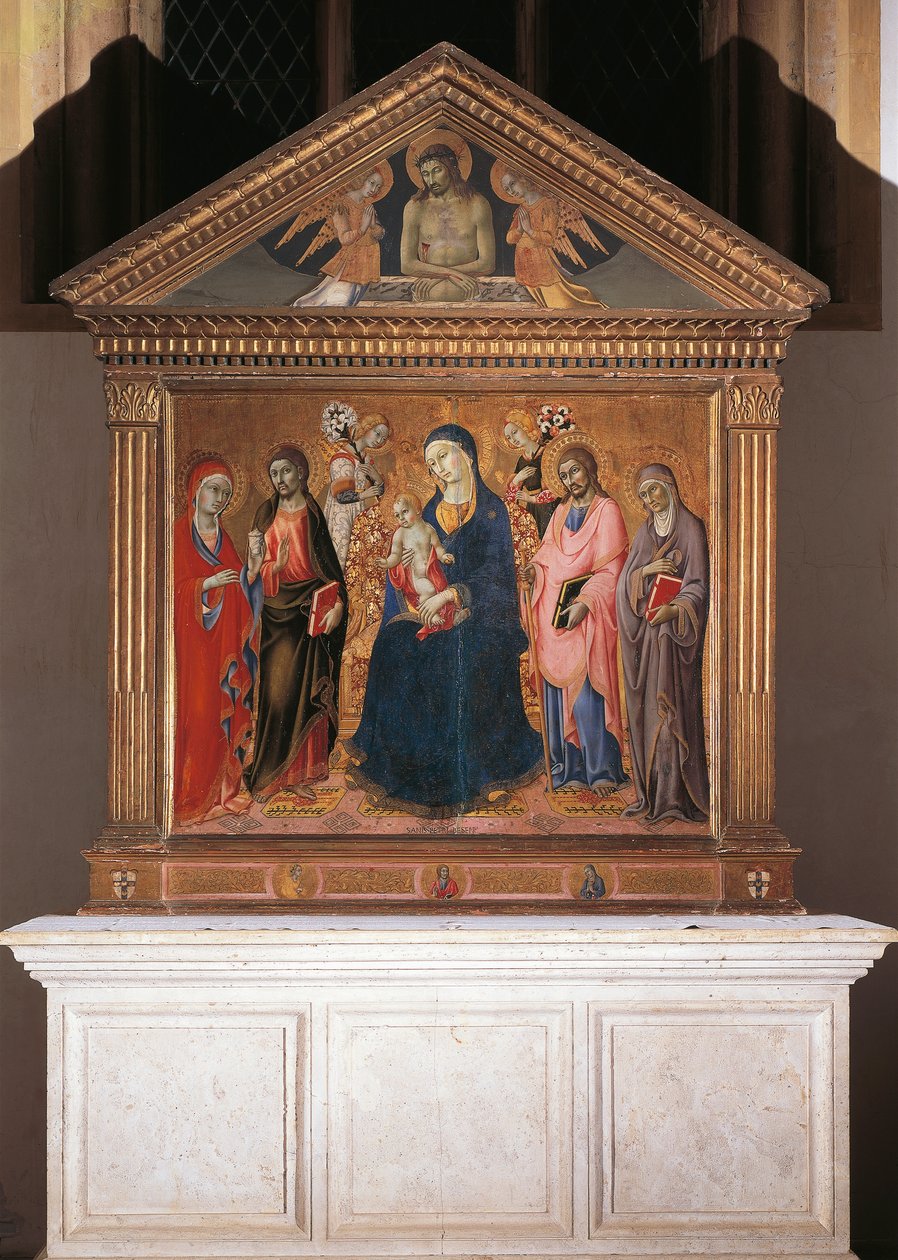 Madonna és gyermek szentekkel és Krisztussal Pietában alkotó: Sano di also Ansano di Pietro di Mencio Pietro