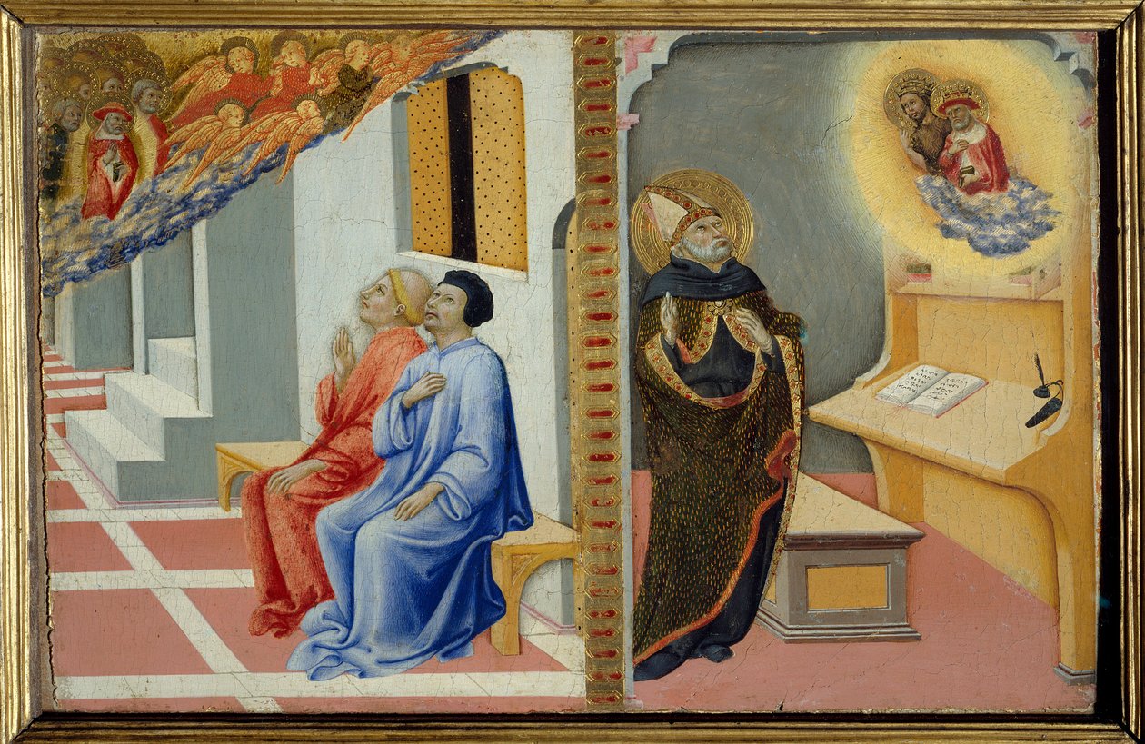 Hippói Szent Ágoston részlete „” Szent Jeromos életének jelenete: Szent Jeromos és Keresztelő Szent János jelenése Hippói Szent Ágostonnak, Szent Jeromos pedig Sulpice Severének és társának”. Sano di Pietro festménye fára (1406-1 alkotó: Sano di also Ansano di Pietro di Mencio Pietro