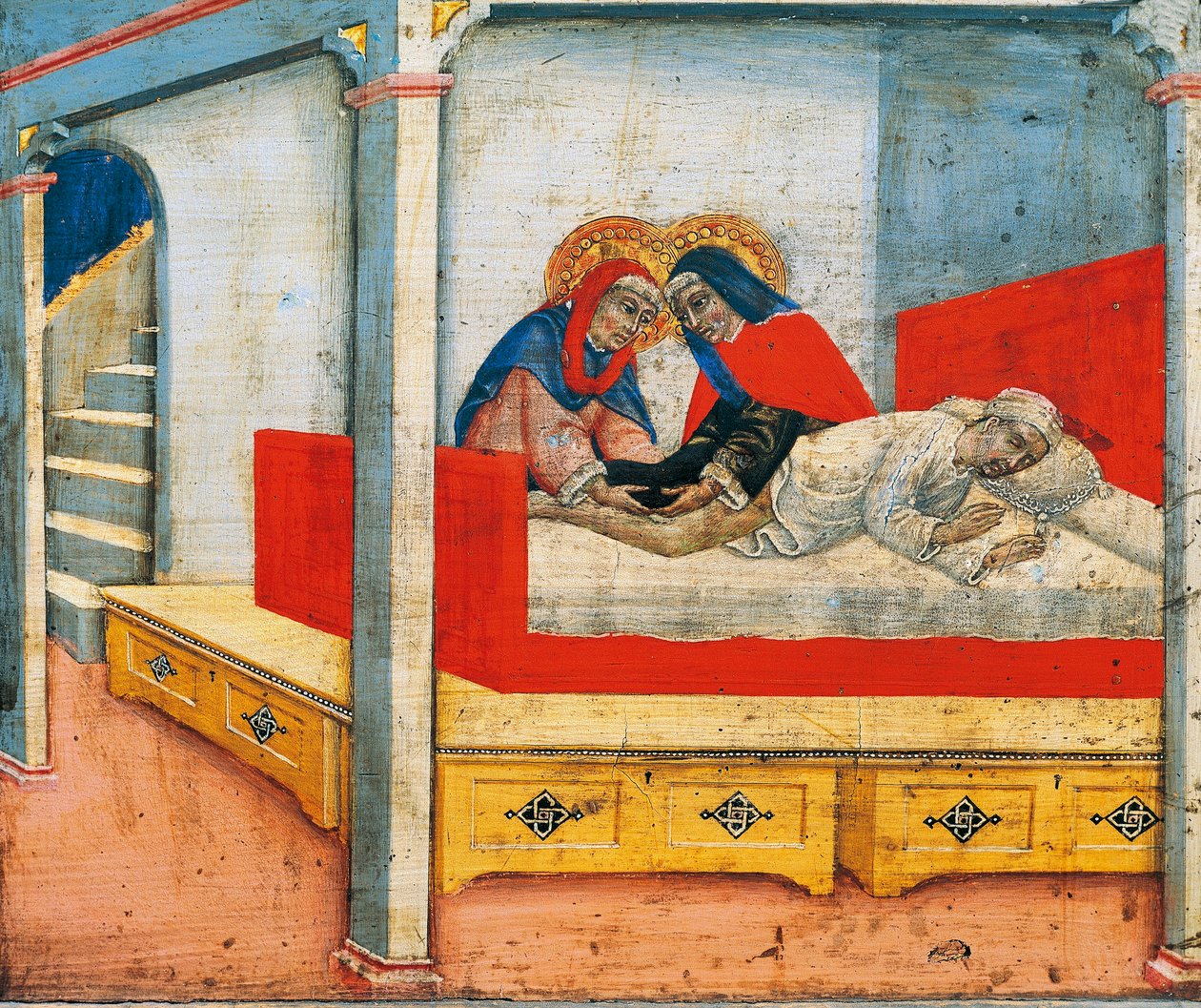 Cosmas és Damian szentek az etióp lábát a sekrestyéhez rögzítik (az etióp láb csodája), jelenet a Madonna és a gyermek predellájából angyalokkal és szentekkel, Sano di Pietro (1405-1481), tabló alkotó: Sano di also Ansano di Pietro di Mencio Pietro