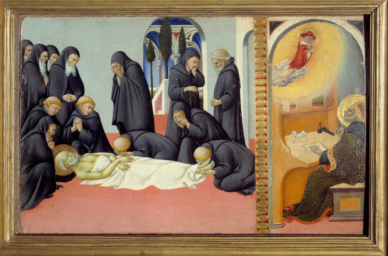 Szent Jeromos életének jelenete: „” Szent Jeromos halála és jelenése Szent Ágostonnak”” Sano di Pietro (1406-1481) festménye fára V. 0,23x0,37 m alkotó: Sano di also Ansano di Pietro di Mencio Pietro