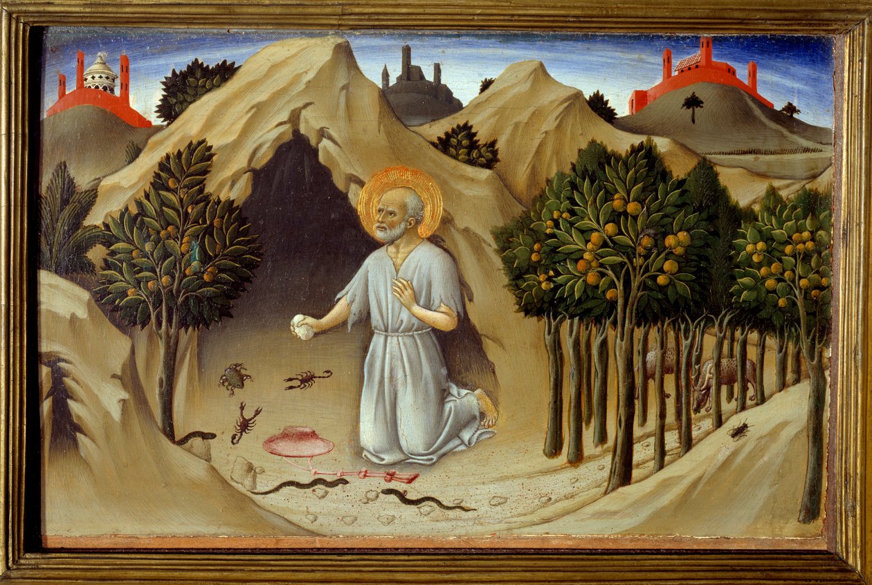 Szent Jeromos életének jelenete: „” Szent Jeromos bűnbánata”” Sano di Pietro festménye (1406-1481) XV. század. Nap 0,23x0,36 m alkotó: Sano di also Ansano di Pietro di Mencio Pietro