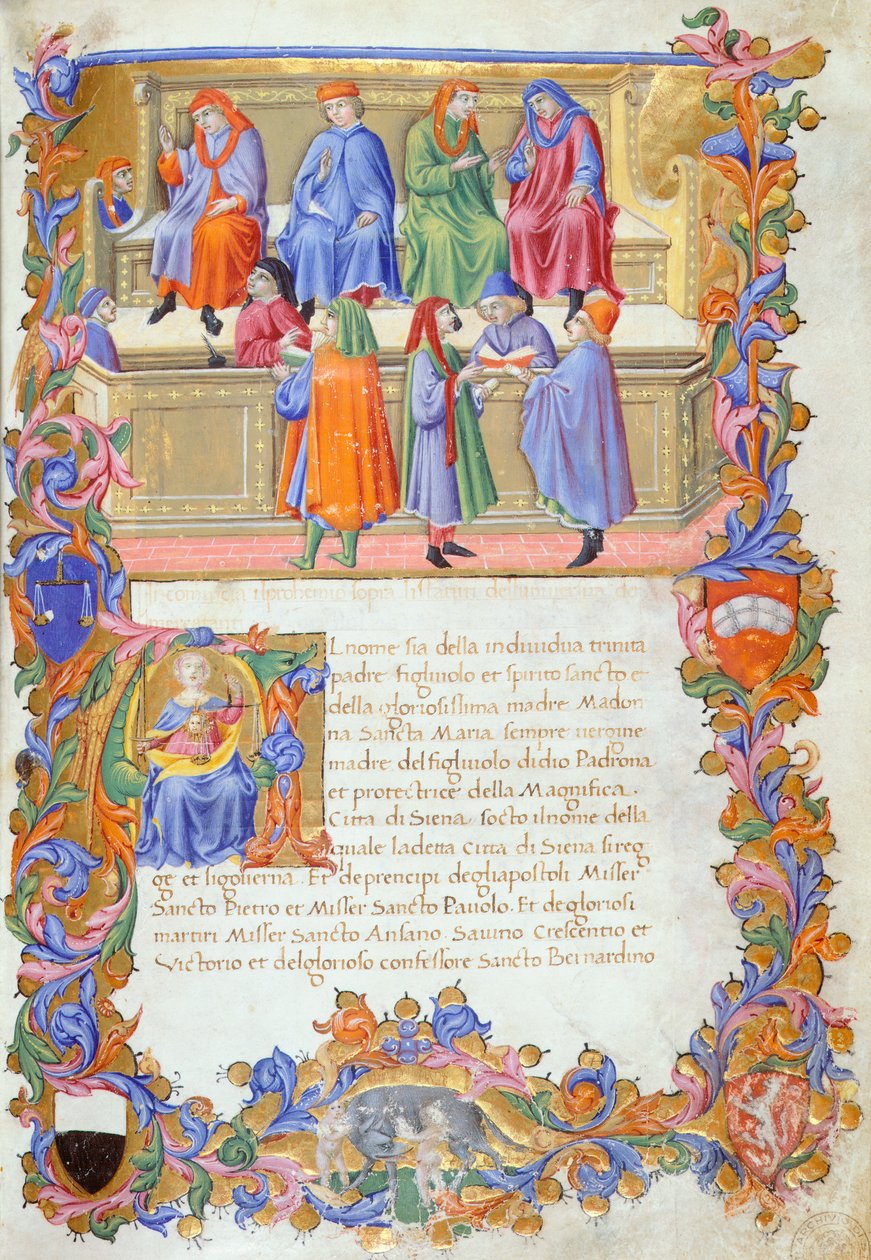 The Tribunal of Merchandise, miniatúrák Sano di Pietro 6. számú kereskedői alapszabályából. alkotó: Sano di also Ansano di Pietro di Mencio Pietro