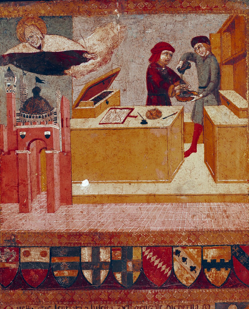 A camerlingvist szimbolikusan megmossa a kezét, miközben a jóindulatú és védelmező Szűz Siena Detail városa felett repül. Sano di Pietro (1406-1481) fafestménye, amely egy Bicchernát díszít (Siena város számviteli nyilvántartásának borítója) 1451. alkotó: Sano di also Ansano di Pietro di Mencio Pietro