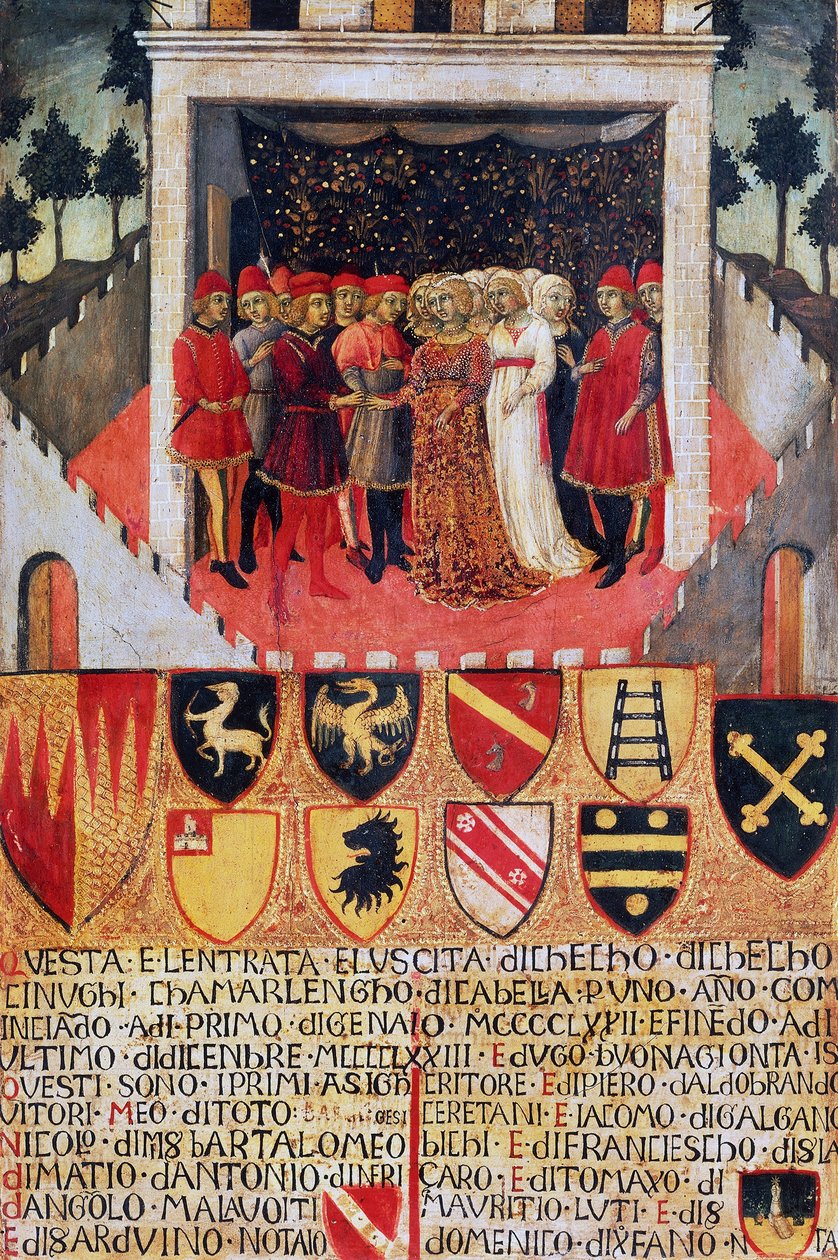A gyűrű ajándéka, esküvői jelenet sienai nemesi családok között alkotó: Sano di also Ansano di Pietro di Mencio Pietro