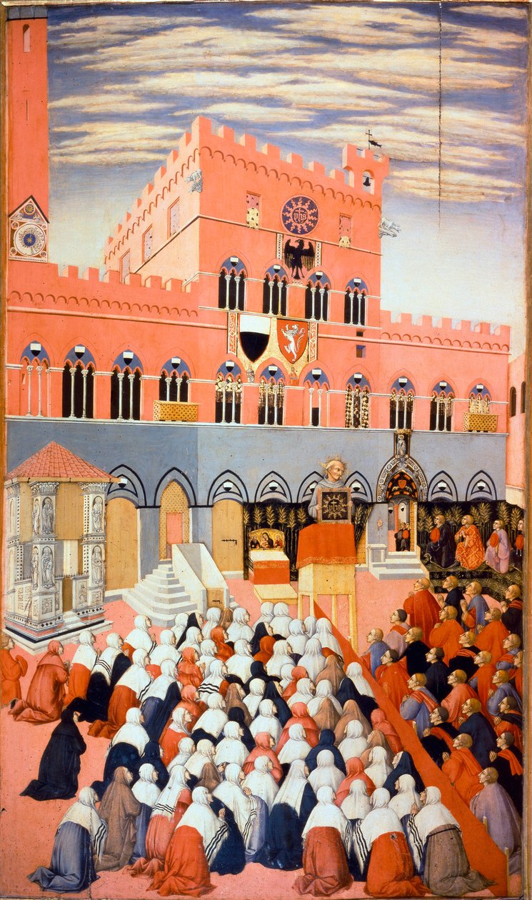 Sienai Bernardino predikációja (Bernardino da Siena vagy Bernardino degli Albizzeschi alkotó: Sano di also Ansano di Pietro di Mencio Pietro