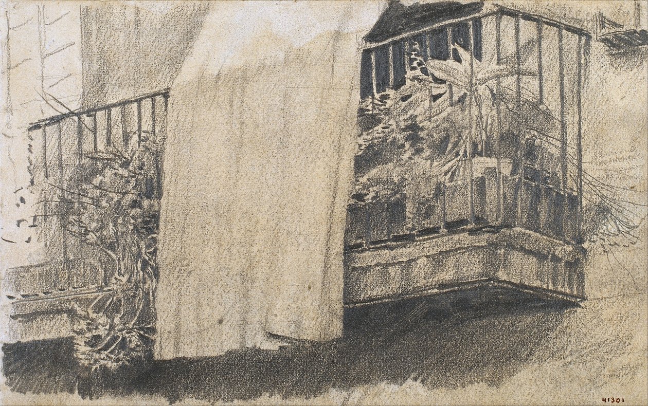 Erkély virágokkal és függönnyel alkotó: Santiago Rusiñol