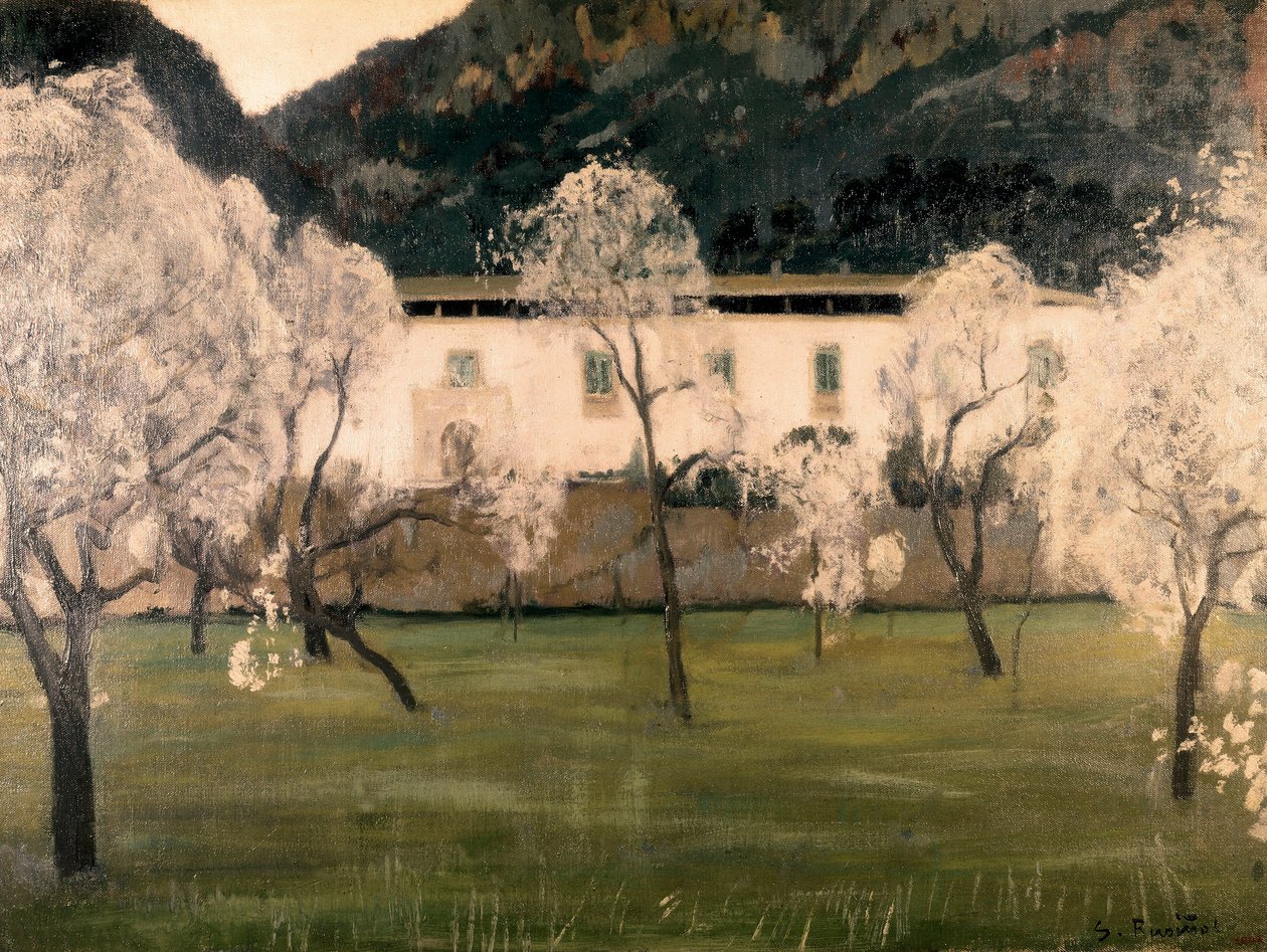 Táj virágokkal a fák között. Santiago Rusinol y (i) Prats (1861-1931) festménye. Olajfestmény Barcelona. Katalónia Nemzeti Művészeti Múzeum. alkotó: Santiago Rusinol i Prats