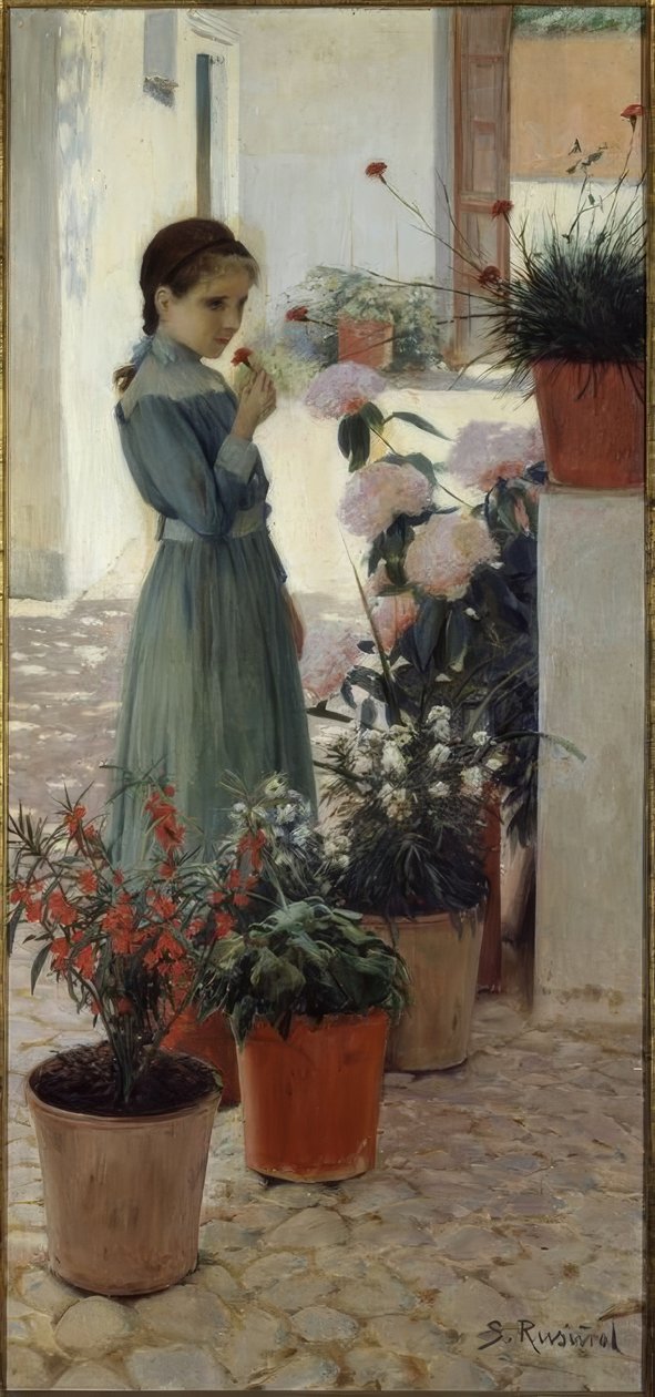 Virág. A lány a szegfűvel alkotó: Santiago Rusiñol