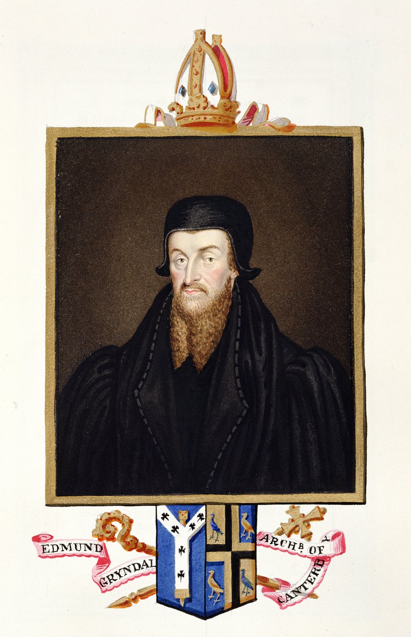 Edmund Grindal (1519-83 körül) canterburyi érsek portréja az 1825-ben kiadott "Emlékiratok Erzsébet királynő udvaráról" című kötetből (wc és gouache, papír). alkotó: Sarah Countess of Essex
