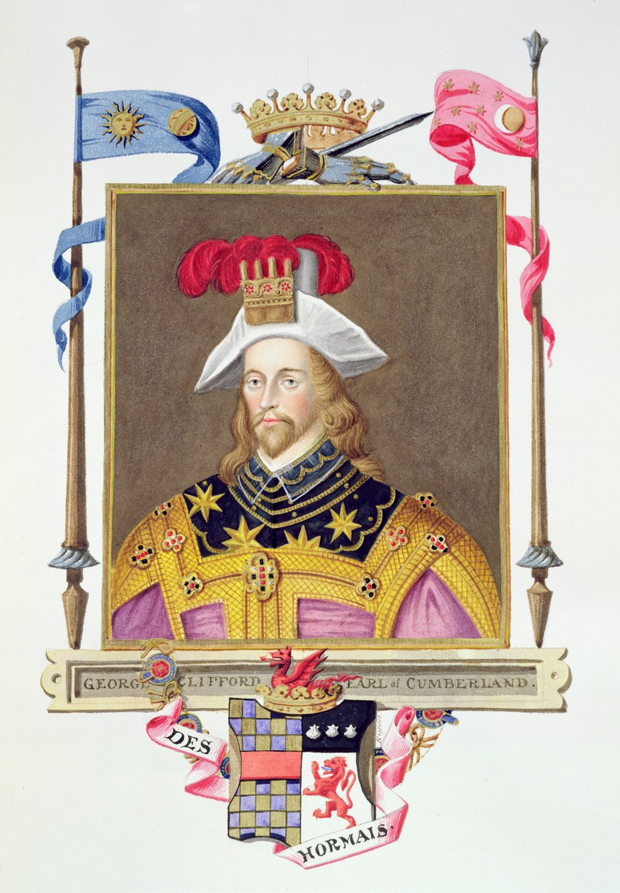 George Clifford (1558-1605) portréja, Cumberland 3. grófja az Erzsébet királynő udvarának emlékirataiból, Nicholas Hilliard (1547-1619) miniatúrája nyomán, 1825-ben (wc és gouache a képen) alkotó: Sarah Countess of Essex