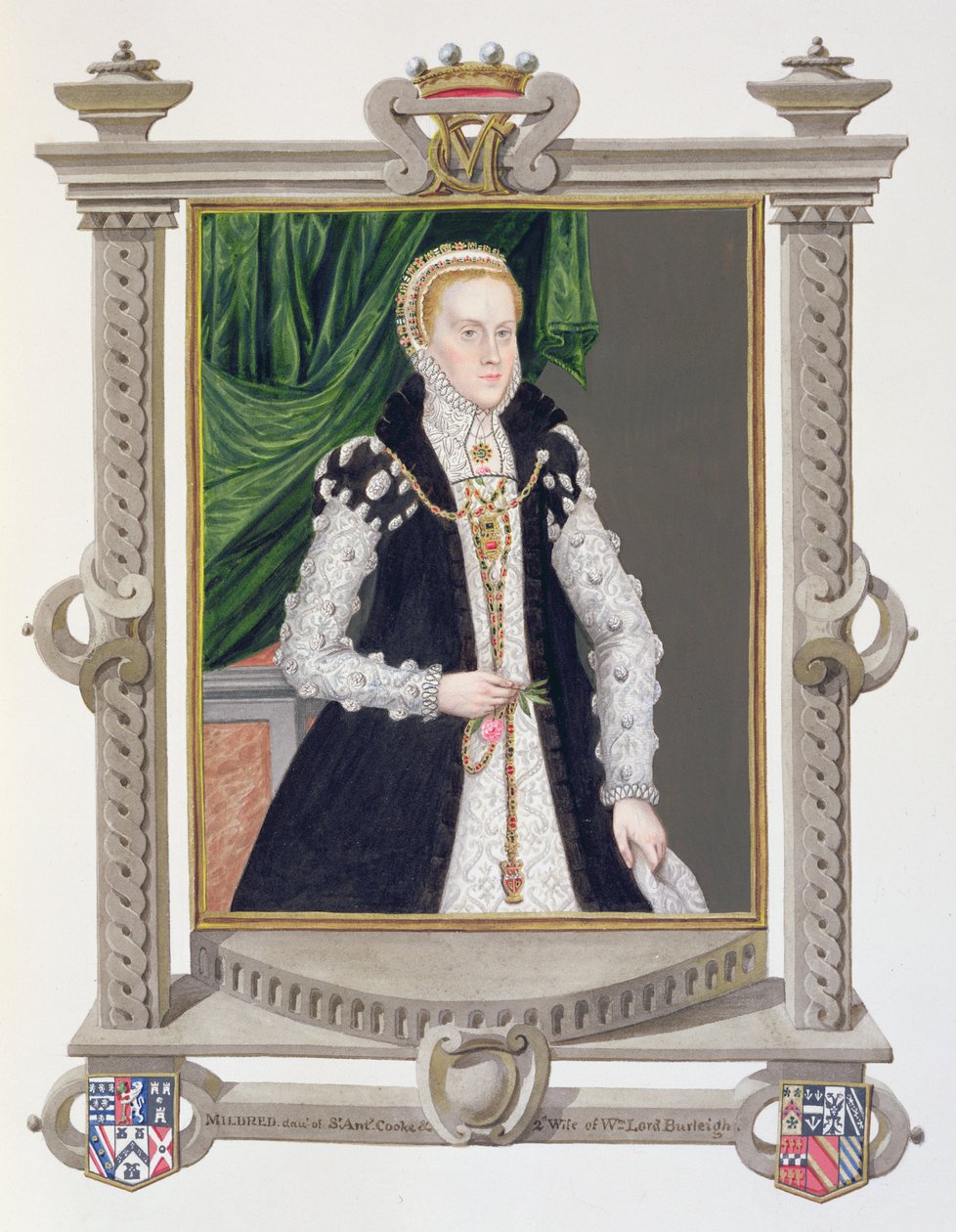Mildred Cooke, Lady Burghley portréja az 1825-ben megjelent "Emlékiratok Erzsébet királynő udvaráról" című kötetből (wc és gouache, papír). alkotó: Sarah Countess of Essex