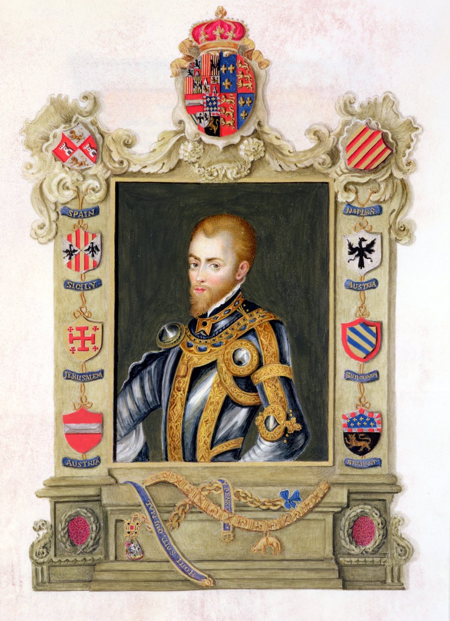 II. Fülöp spanyol király (1527-98) portréja az "Emlékiratok Erzsébet királyné udvaráról" című műből, Tiziano (1488-1576 körül) 1825-ben kiadott portréja után (wc és gouache, papír). alkotó: Sarah Countess of Essex