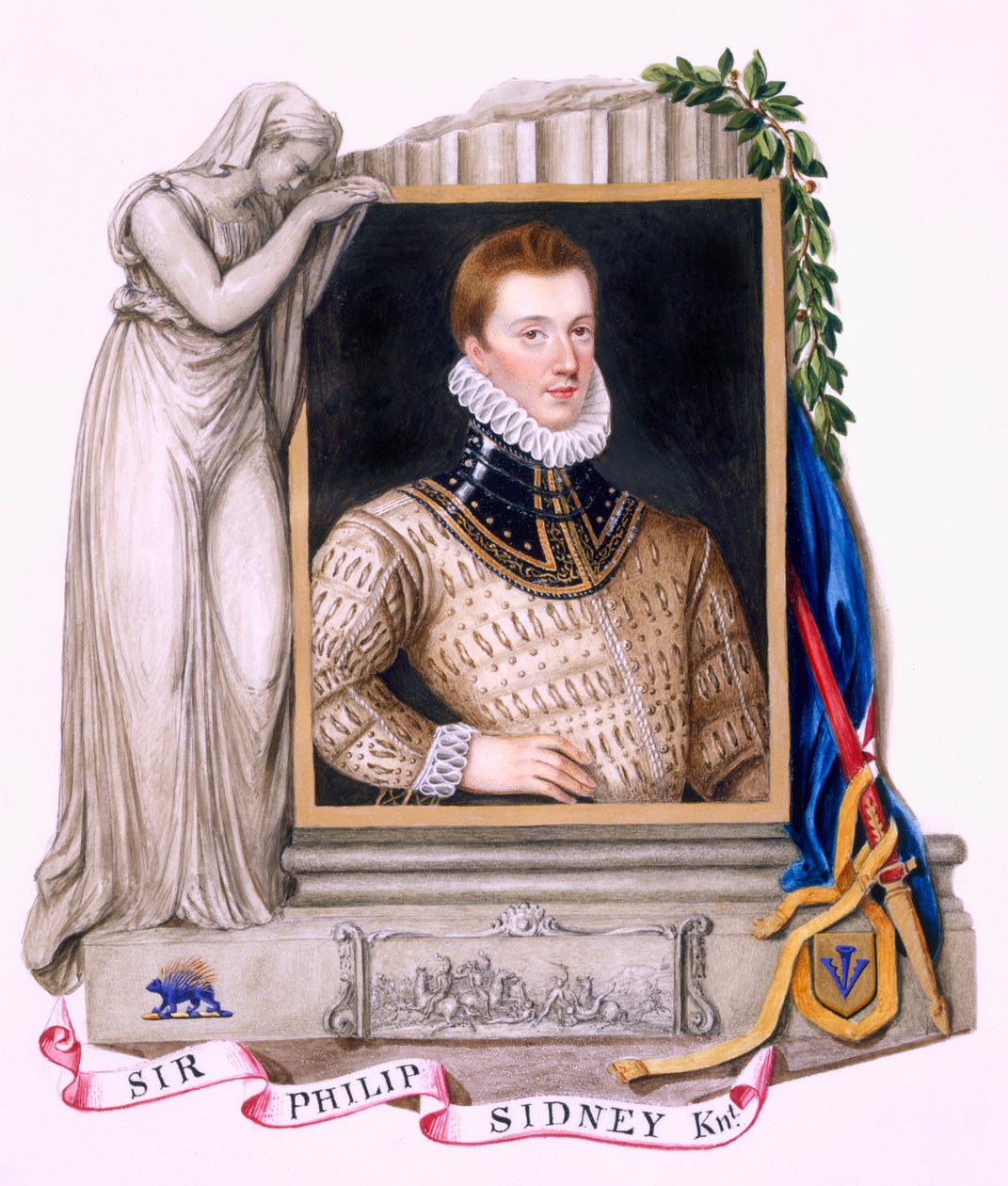 Sir Philip Sidney (1554-86) portréja az 1825-ben megjelent „Erzsébet királynő udvarának emlékei” című könyvből (wc és gouache papíron) alkotó: Sarah Countess of Essex