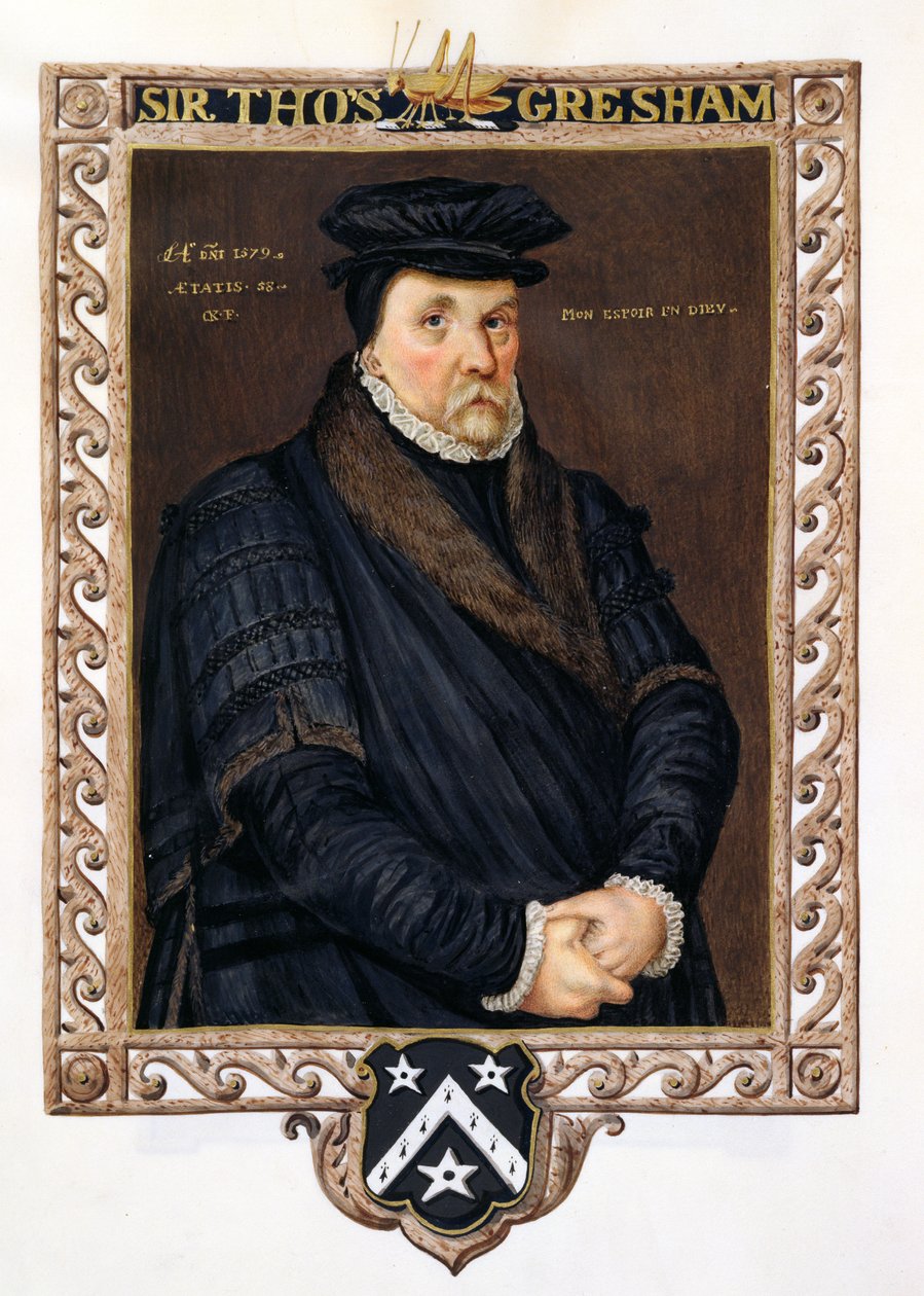 Sir Thomas Gresham (kb. 1519-79) portréja az Erzsébet királynő udvarának emlékirataiból Antonio Mor 1825-ben megjelent portréja nyomán (wc és gouache papíron) alkotó: Sarah Countess of Essex