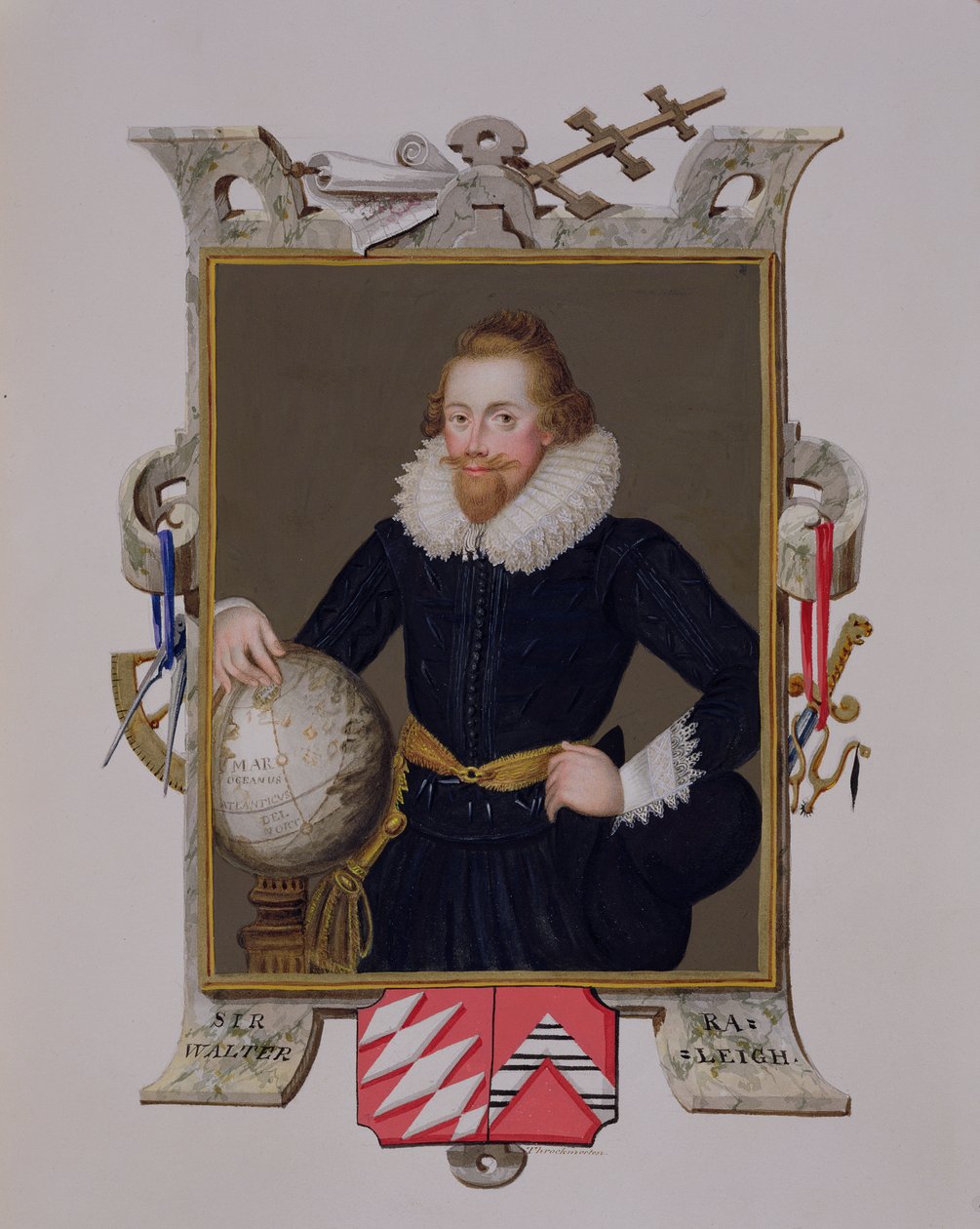 Sir Walter Raleigh (1552-1618 körül) portréja az 1825-ben kiadott "Emlékiratok Erzsébet királynő udvaráról" című kötetből (wc és gouache, papír). alkotó: Sarah Countess of Essex