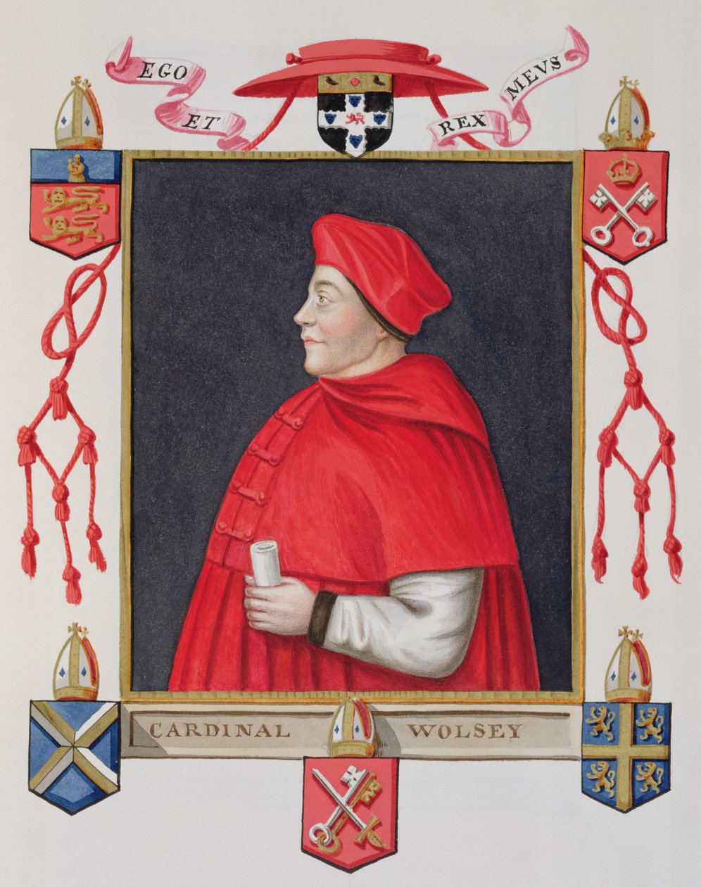 Thomas Wolsey (kb. 1475-1530) bíboros és államférfi portréja az Erzsébet királynő udvarának emlékirataiból, 1825-ben (wc és gouache papíron) alkotó: Sarah Countess of Essex