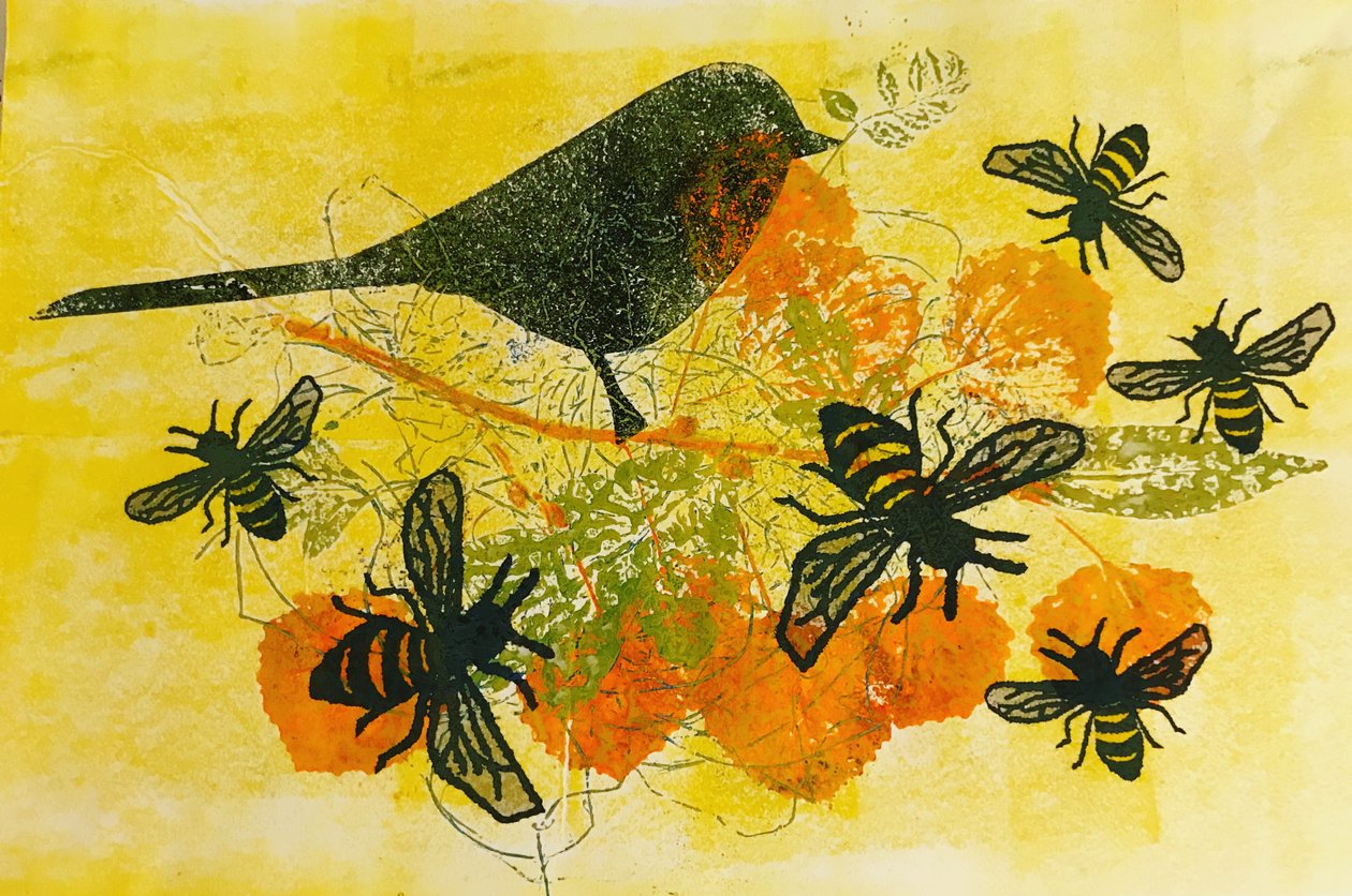 Madarak és méhek (monoprint papíron) alkotó: Sarah Thompson Engels
