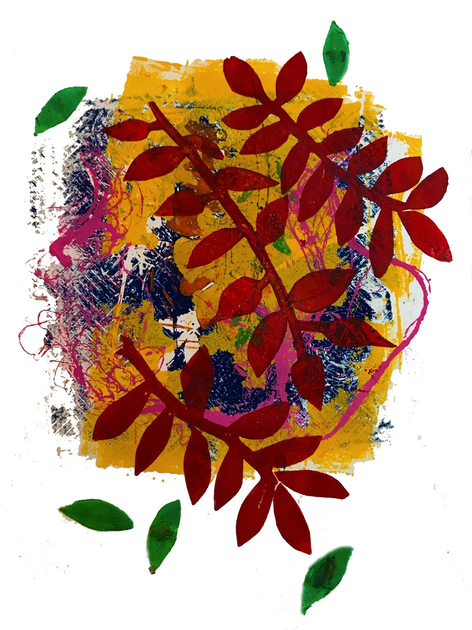 Piros levelek (monoprint papíron) alkotó: Sarah Thompson Engels