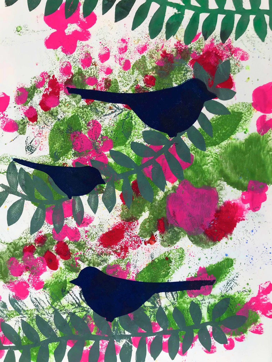 Három feketerigó (monoprint papíron) alkotó: Sarah Thompson Engels