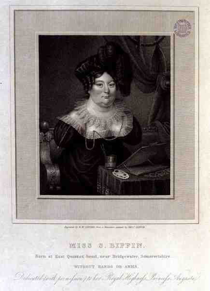 Miss S. Biffin, East Quantox-headben született, Bridgewater közelében, Somersetshire államban, kéz és kar nélkül, metszett R.W. Sievier alkotó: Sarah (after) Biffin