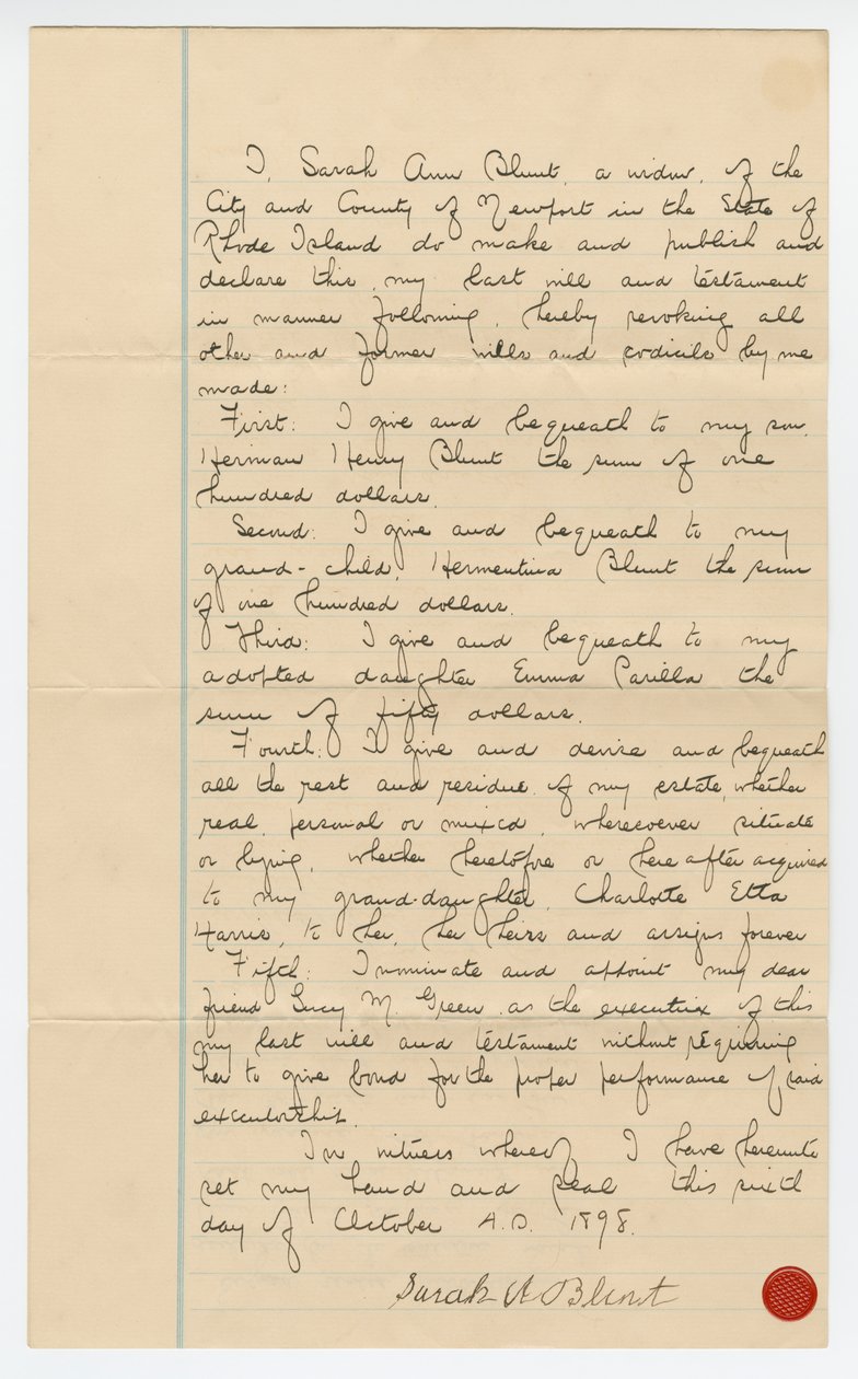 Sarah Ann Blunt Crozley végakarata, 1898. október. alkotó: Sarah Ann Blunt Crozley