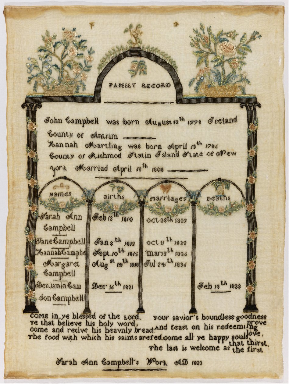 Családi nyilvántartás mintavevő alkotó: Sarah Ann Campbell