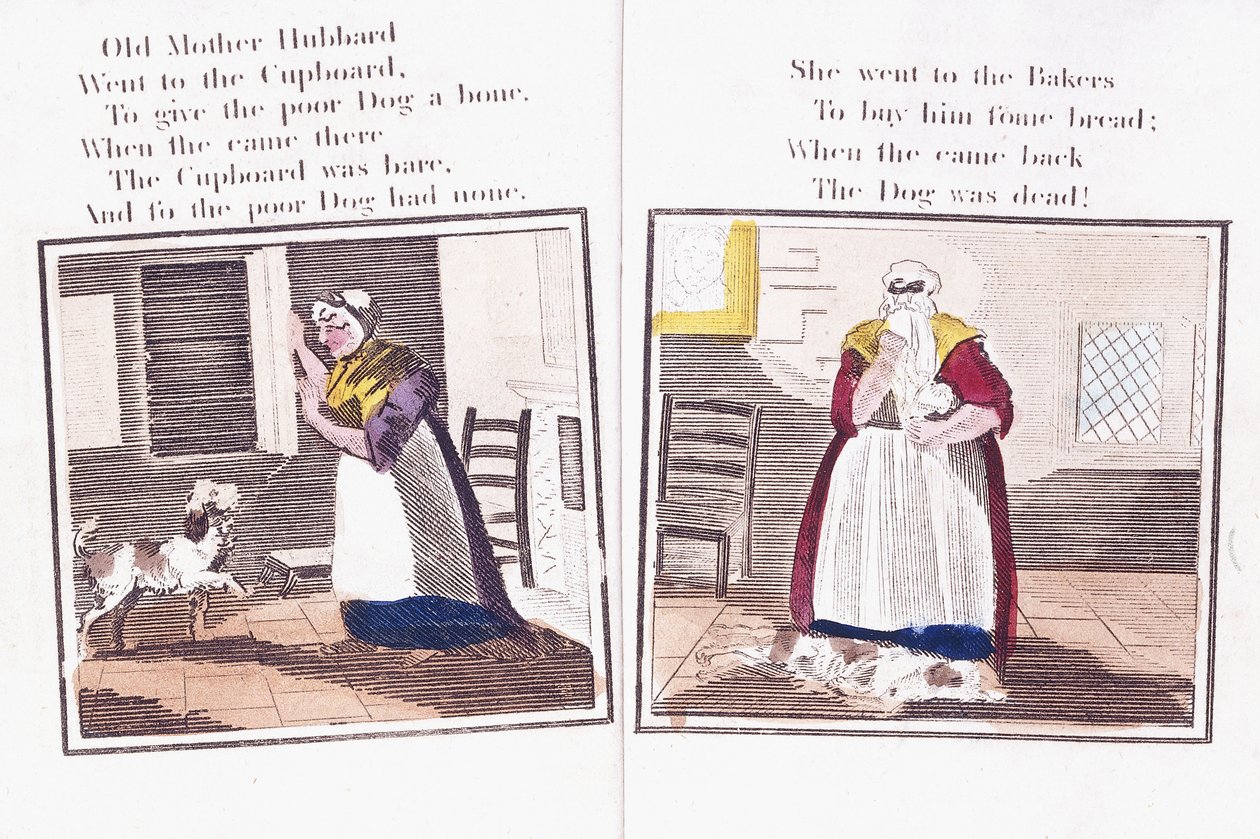 Két oldal „Az öreg Hubbard anya és kutyája komikus kalandjai” című mondókás könyvből alkotó: Sarah Catherine (after) Martin