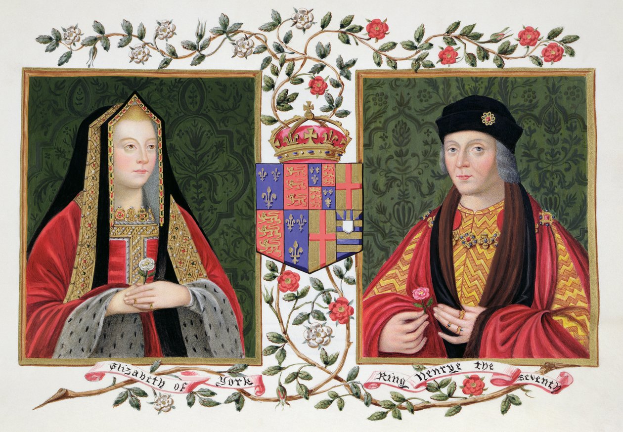 Yorki Erzsébet (1465-1503) és VII. Henrik (1457-1509) kettős portréja, akik a yorki fehér rózsát és Lancaster vörös rózsáját tartják az Erzsébet királynő udvarának emlékirataiból, 182-ben. alkotó: Sarah Countess of Essex