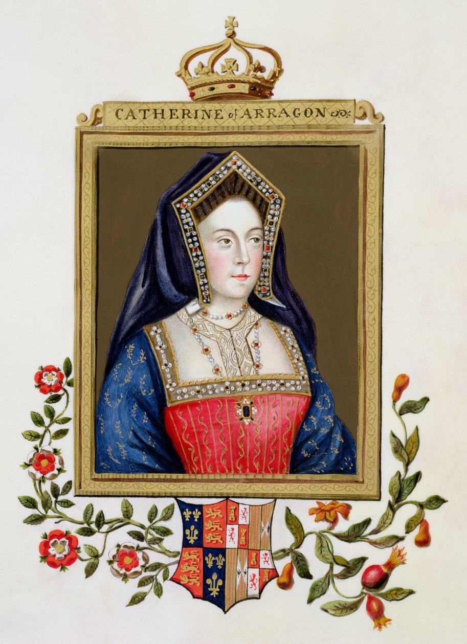 Aragóniai Katalin (1485-1536) portréja, VIII. Henrik 1. királynője az Erzsébet királynő udvarának emlékirataiból, 1825-ben (wc és gouache papíron) alkotó: Sarah Countess of Essex