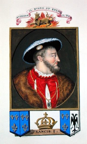 I. Francois francia király (1494-1547) portréja az Erzsébet királynő udvarának emlékirataiból Tizian (kb. 1488-1576) 1825-ben megjelent portréja nyomán (akvarell és gouache, papíron) alkotó: Sarah Countess of Essex