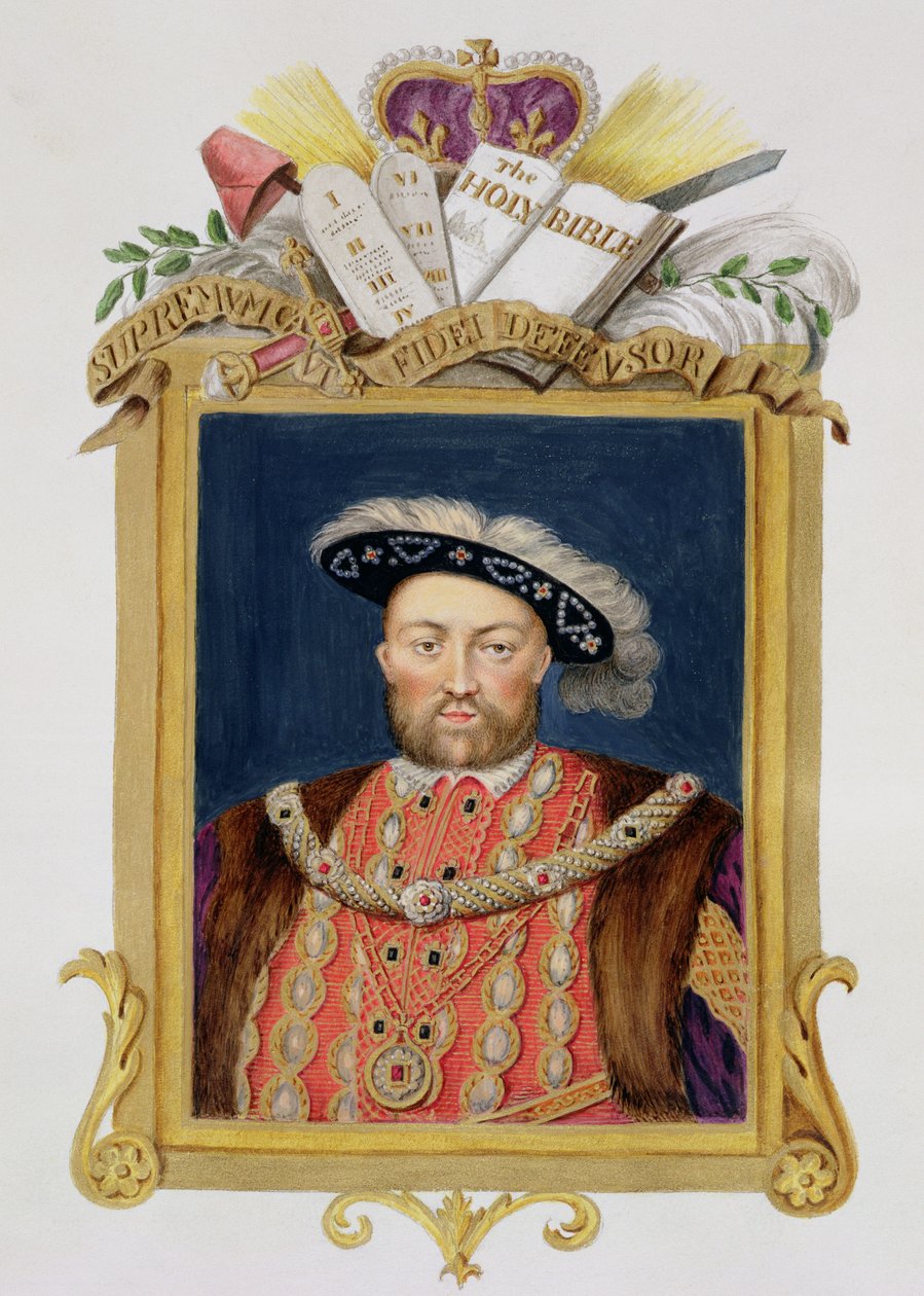 VIII. Henrik (1491-1547) portréja a hit védelmezőjeként az Erzsébet királynő udvarának emlékirataiból, a Hans Holbein (14978-1543) Hampton Court-i freskó mintájára készült portré nyomán. alkotó: Sarah Countess of Essex