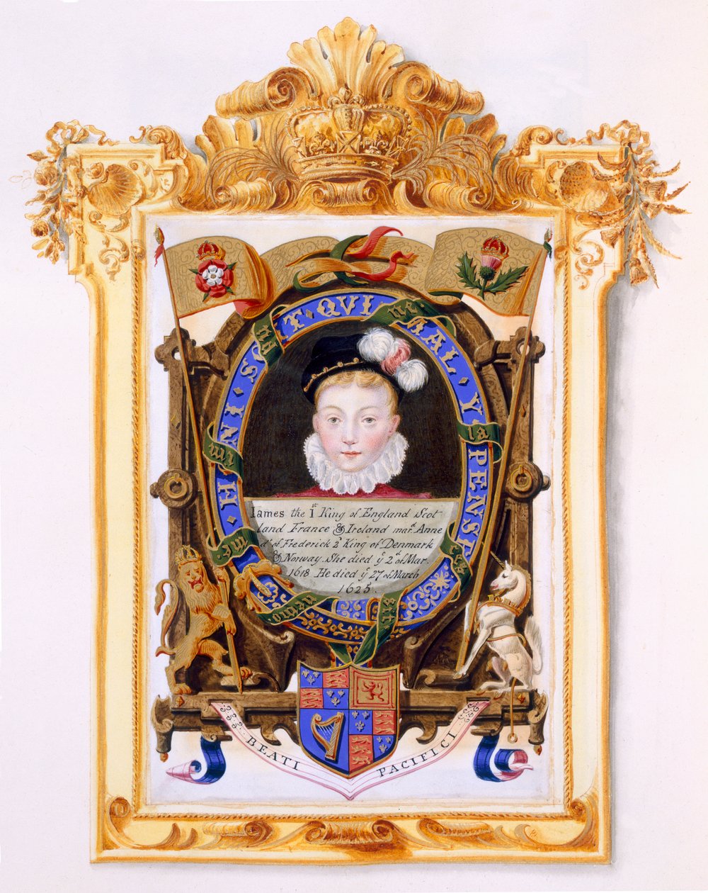 VI. Skócia Jakab (1566-1625) portréja, később, I. Jakab, Anglia fiúként, 1574 körül az Erzsébet királynő udvarának emlékirataiból, 1825-ben (wc és gouache papíron) alkotó: Sarah Countess of Essex
