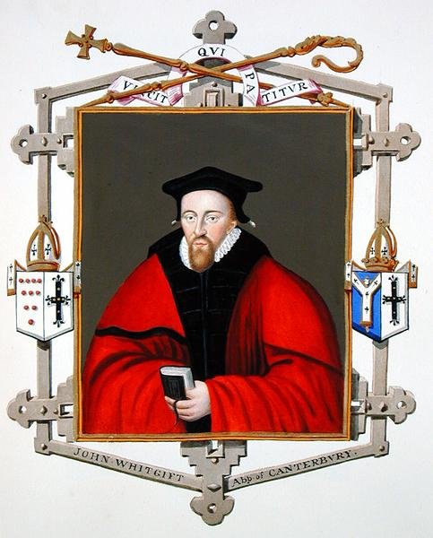 John Whitgift (1530-1604 körül) canterburyi érsek portréja az 1825-ben kiadott "Emlékiratok Erzsébet királynő udvaráról" című kötetből (akvarell és gouache, papír) alkotó: Sarah Countess of Essex