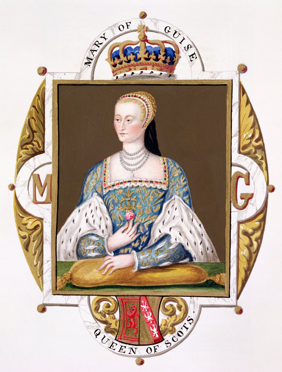 Guise-i Mária (1515-60) skót királyné portréja az 1825-ben kiadott "Emlékiratok Erzsébet királyné udvaráról" című kötetből (wc és gouache, papír). alkotó: Sarah Countess of Essex