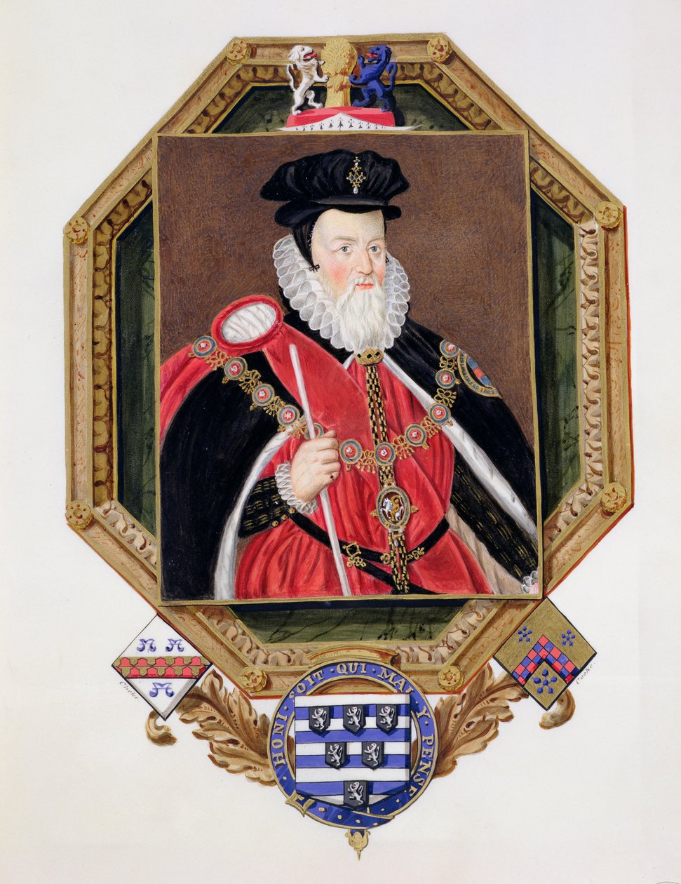 William Cecil (1520-98) Burghley 1. báró portréja az Erzsébet királynő udvarának emlékirataiból, Marcus Gheeraerts ifjabb (kb.1561-1635) 1825-ben megjelent képe után (wc és gouache o) alkotó: Sarah Countess of Essex