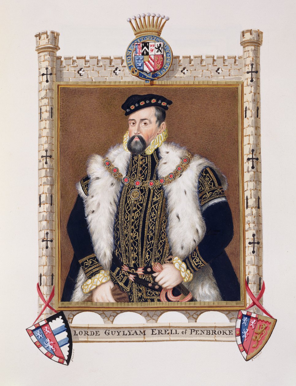 William Herbert (kb. 1506-70) Pembroke 1. grófjának portréja az Erzsébet királynő udvarának emlékirataiból, 1825-ben (wc és gouache papíron) alkotó: Sarah Countess of Essex