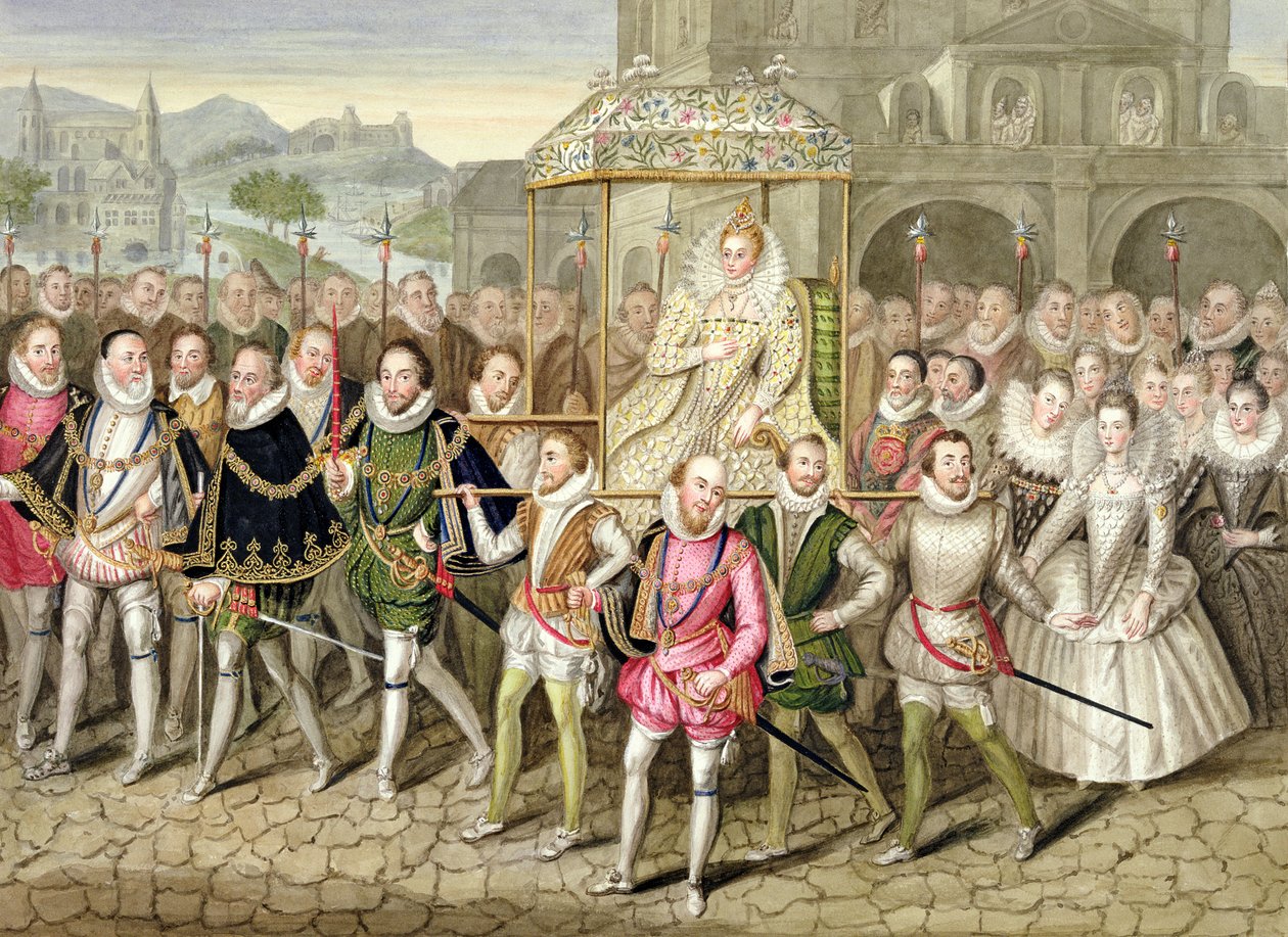 I. Erzsébet királynő körmenetben udvaroncaival (160003 körül) az Erzsébet királynő udvarának emlékeiből egy Robert Peake-nek (kb. 1592-1667) tulajdonított olaj után a Sherborne kastélyban, 18-ban megjelent. alkotó: Sarah Countess of Essex