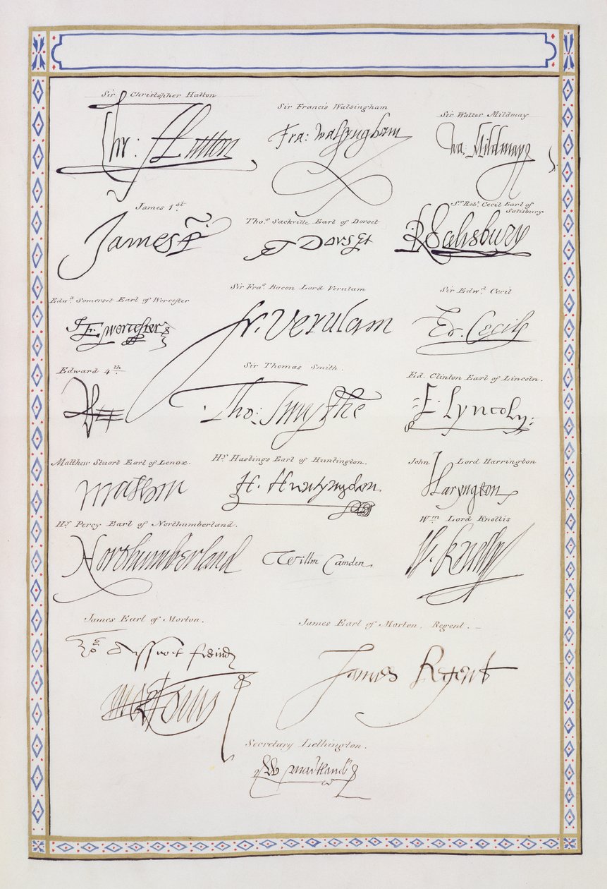 A Tudorok és udvaraik aláírásainak reprodukciója az 1825-ben megjelent „Erzsébet királynő udvarának emlékirataiból” (toll és tinta papíron) alkotó: Sarah Countess of Essex