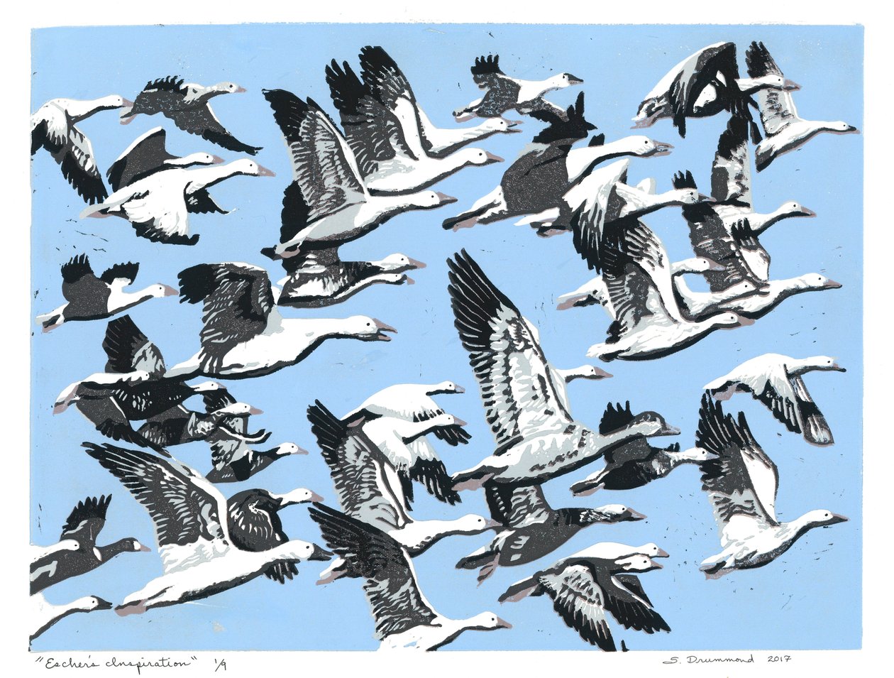 Escher inspirációja, 2017 (Linómetszet) alkotó: Sarah Drummond