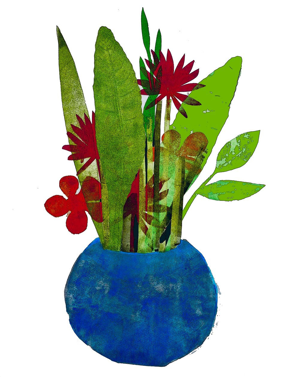 „Tál levelekből és virágokból” (mono print) 2020 alkotó: Sarah Thompson Engels