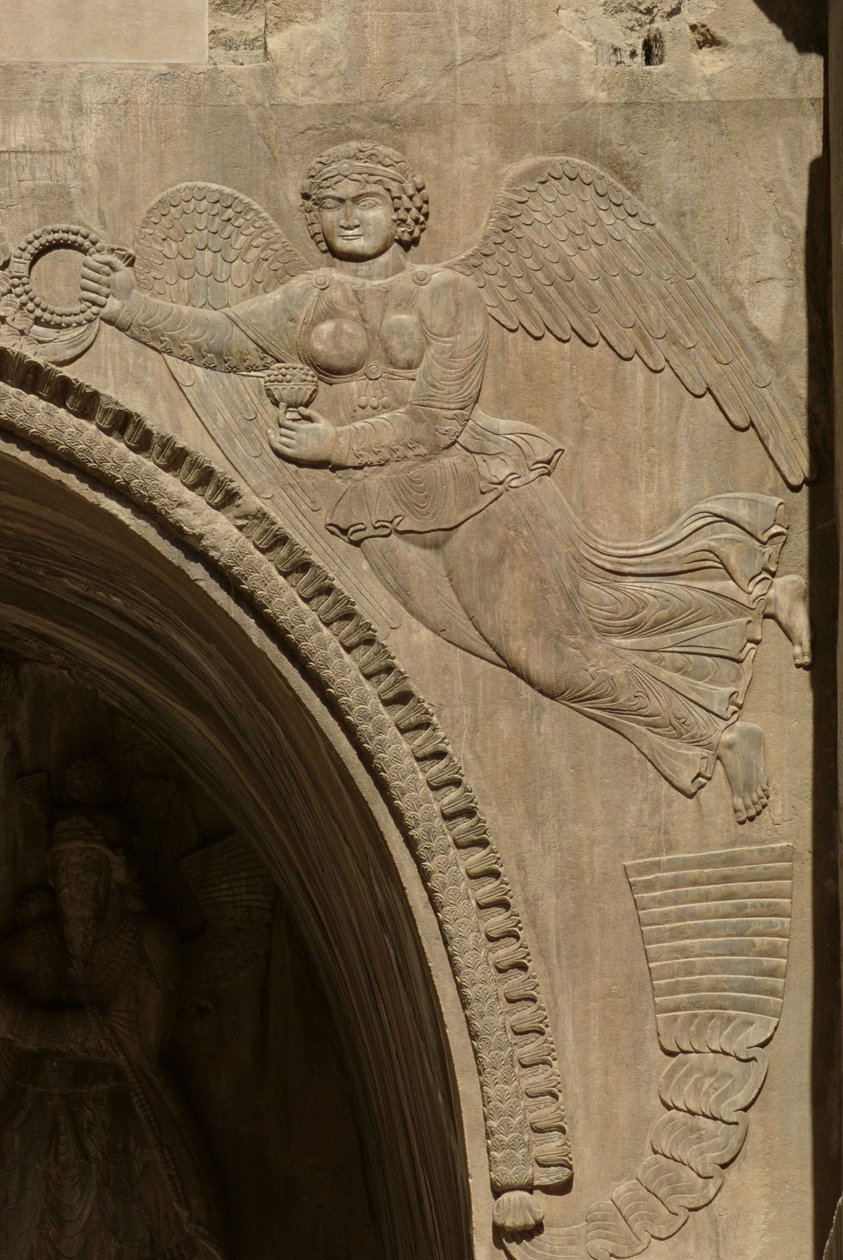 Zseni a kezében egy tál gyümölccsel, amely a rengeteget szimbolizálja, egy avansból, 590-628 alkotó: Sasanian School