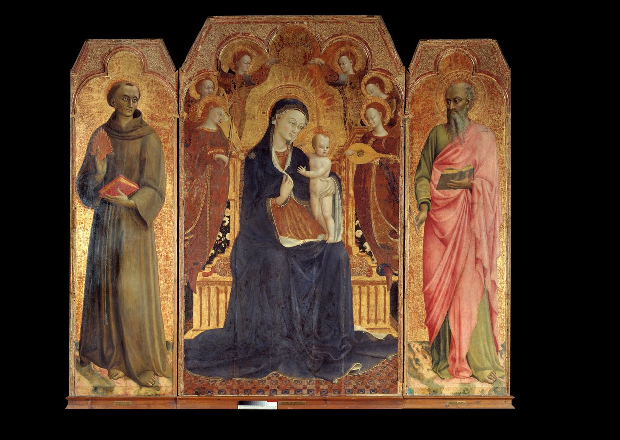 A Szűz és a gyermek hat angyallal körülvéve. Körülbelül: Páduai Szent Antal (san antonio di padova) és Szent János evangélista. Stefano di Giovanni Sassetta (1392-1450) oltárképe alkotó: Sassetta (c.1392 1450)