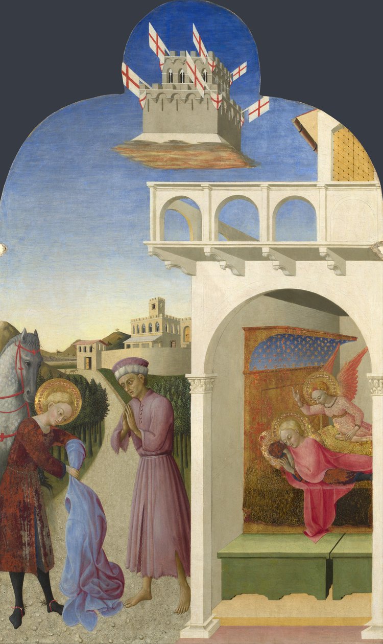 Szent Ferenc és a szegény lovag, és Ferenc látomása a Borgo del Santo Sepolcro oltárképről, 1437-1444 alkotó: Sassetta