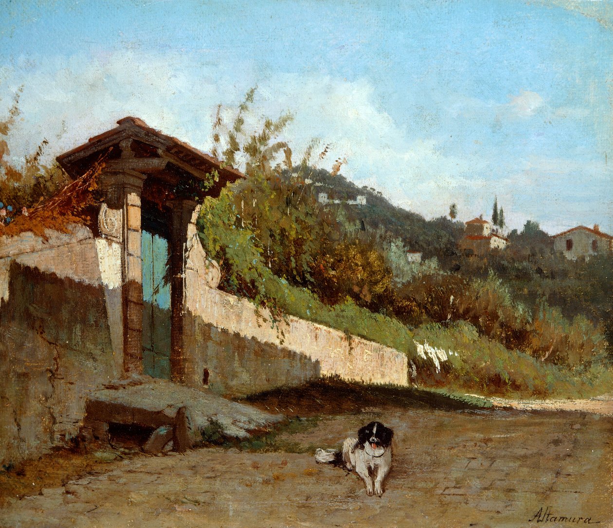 Toszkán villa portikusa, Francesco Saverio Altamura (1826-1897), olaj, vászon, 23x27 cm. alkotó: Saverio Altamura