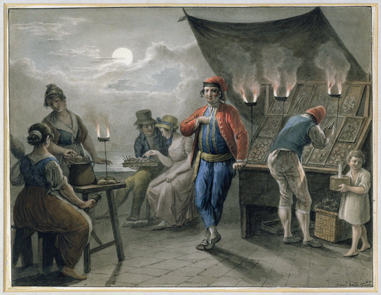 Figurák egy bódé mellett éjszaka, 1819 (ceruza és wc) alkotó: Saviero Xavier della Gatta